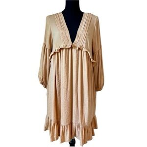 Mustard Seed Flowy Summer Babydoll Dress Yellow Gold Boho Pockets Ruffled Rayon